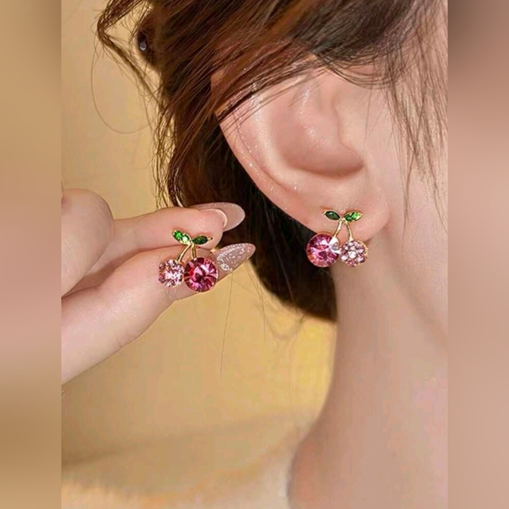 Minimalist Delicate Unique Design Elegant Pink Cherry Stud Earrings
